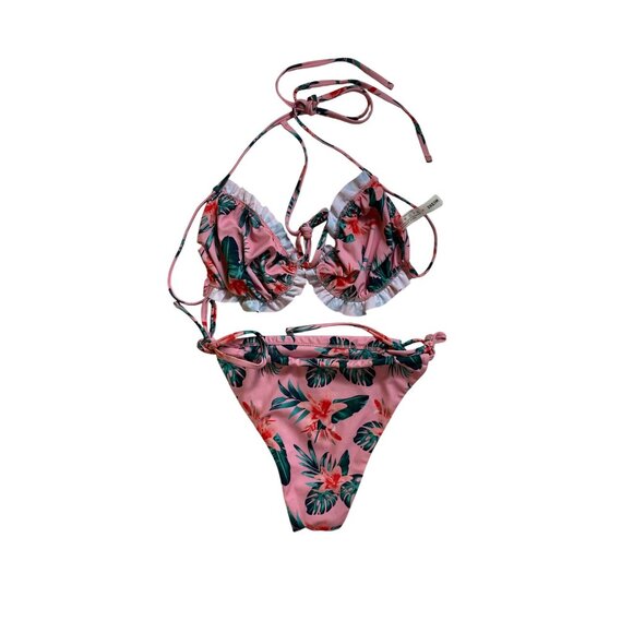 Tropical Floral Print Bikini XL Pink & Green Sexy Swimwear Cute Bathing Suit Y2K - Picture 4 of 6